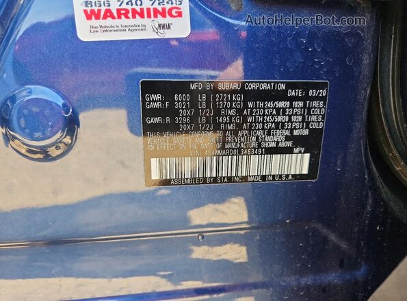 4S4WMARD0L3463491 2020 SUBARU ASCENT Blue Engine compartment view