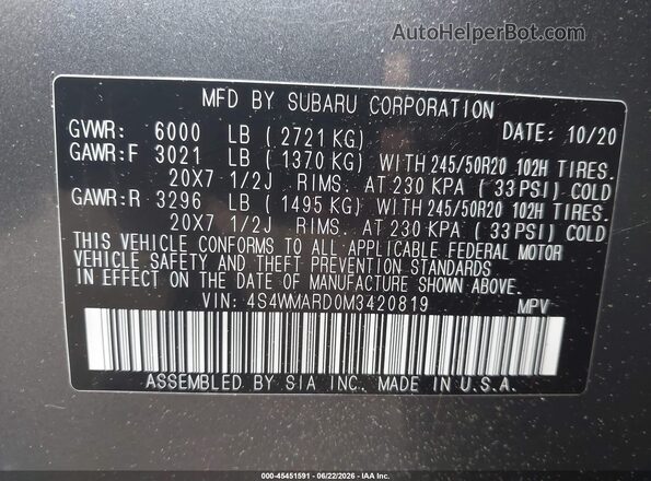 4S4WMARD0M3420819 2021 SUBARU ASCENT Black ძრავის განყოფილების ხედი