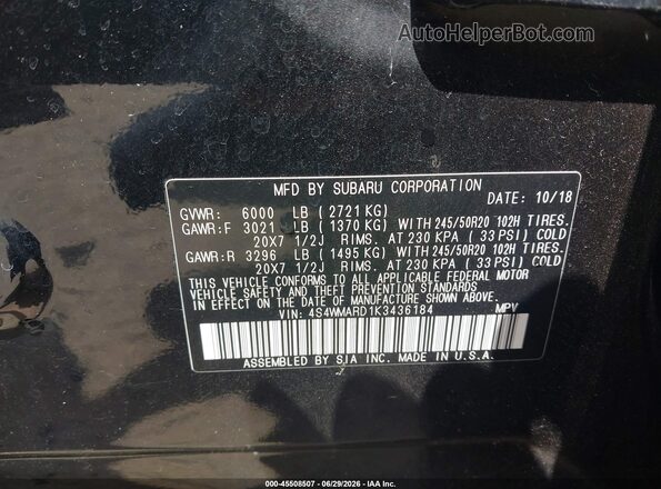 4S4WMARD1K3436184 2019 SUBARU ASCENT Black ძრავის განყოფილების ხედი