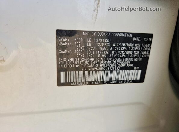 4S4WMARD2K3438932 2019 SUBARU ASCENT White ძრავის განყოფილების ხედი