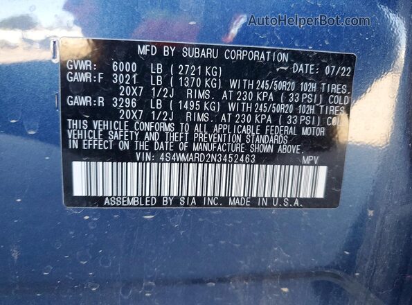 4S4WMARD2N3452463 2022 SUBARU ASCENT Blue VIN sticker view