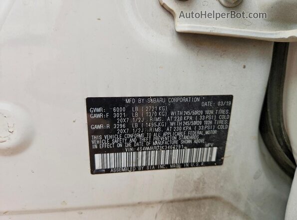 4S4WMARD3K3467291 2019 SUBARU ASCENT Белый Вид наклейки с VIN-кодом