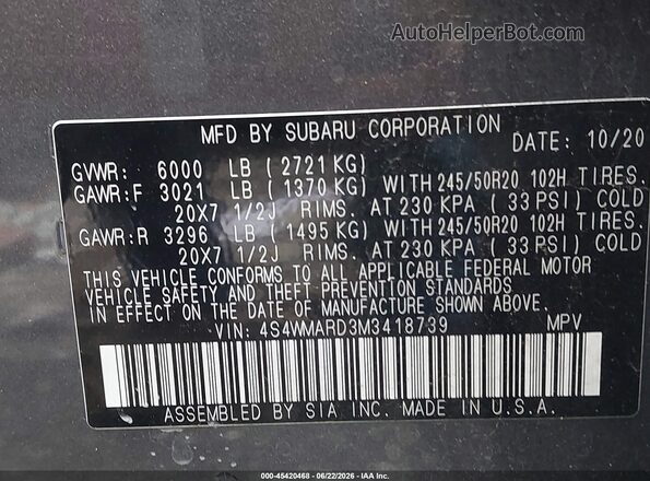 4S4WMARD3M3418739 2021 SUBARU ASCENT Gray Vista del compartimento del motor