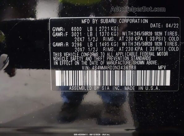 4S4WMARD3N3436188 2022 SUBARU ASCENT Black Вид підкапотного простору