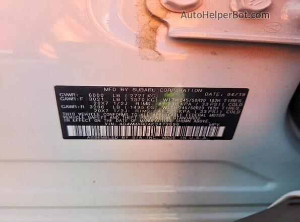 4S4WMARD4K3473696 2019 SUBARU ASCENT White Widok wnętrza 360 stopni