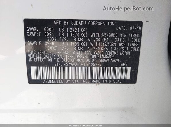 4S4WMARD4L3405237 2020 SUBARU ASCENT White Շարժիչի բաժամունքի տեսք