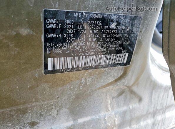 4S4WMARD4N3421022 2022 SUBARU ASCENT Green Vista de la etiqueta del VIN