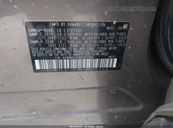 4S4WMARD5M3457560 2021 SUBARU ASCENT Brown Engine compartment view