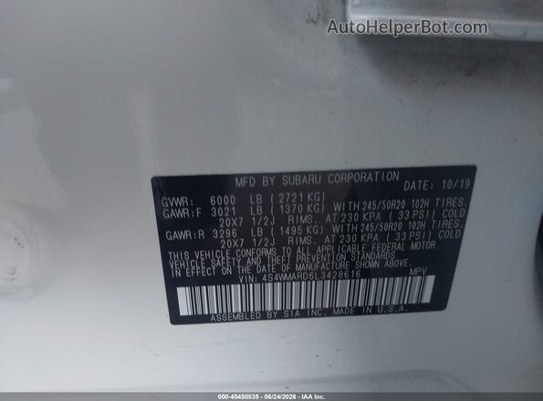 4S4WMARD6L3428616 2020 SUBARU ASCENT White ძრავის განყოფილების ხედი