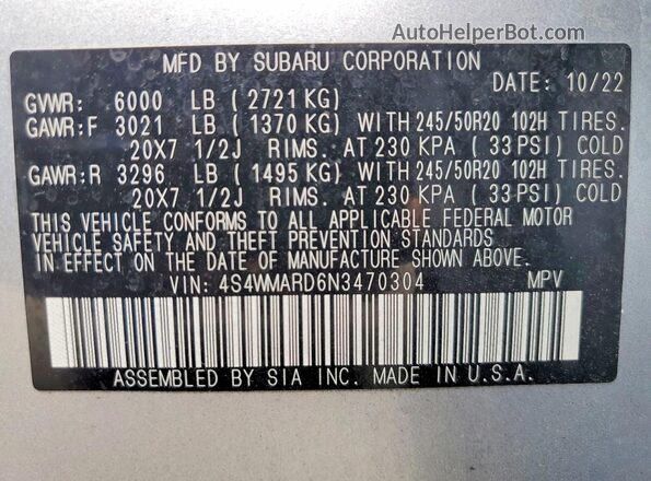 4S4WMARD6N3470304 2022 SUBARU ASCENT Silver VIN კოდის სტიკერის ხედი