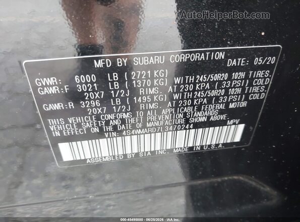 4S4WMARD7L3470244 2020 SUBARU ASCENT Black Вид підкапотного простору