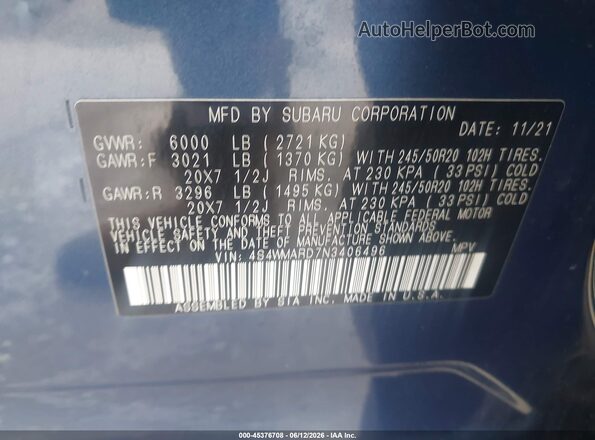 4S4WMARD7N3406496 2022 SUBARU ASCENT Blue Շարժիչի բաժամունքի տեսք
