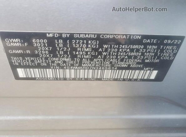 4S4WMARD7N3465614 2022 SUBARU ASCENT Gray VIN კოდის სტიკერის ხედი