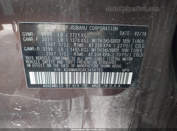 4S4WMARD8K3458182 2019 SUBARU ASCENT Brown Vista del compartimento del motor