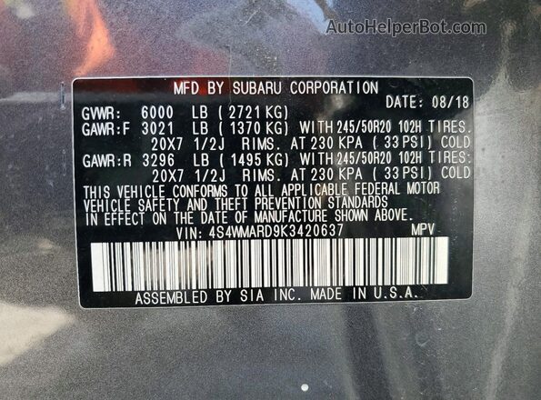 4S4WMARD9K3420637 2019 SUBARU ASCENT Серый Панорамный вид салона 360°