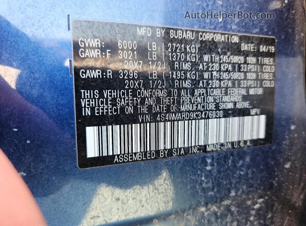 4S4WMARD9K3476030 2019 SUBARU ASCENT Blue Vista interior de 360 grados