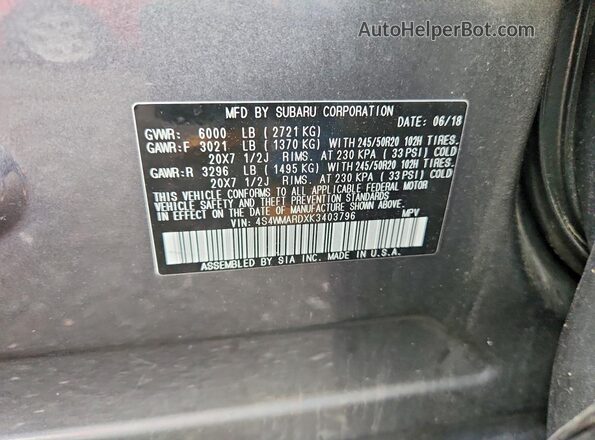 4S4WMARDXK3403796 2019 SUBARU ASCENT Серый Вид наклейки с VIN-кодом