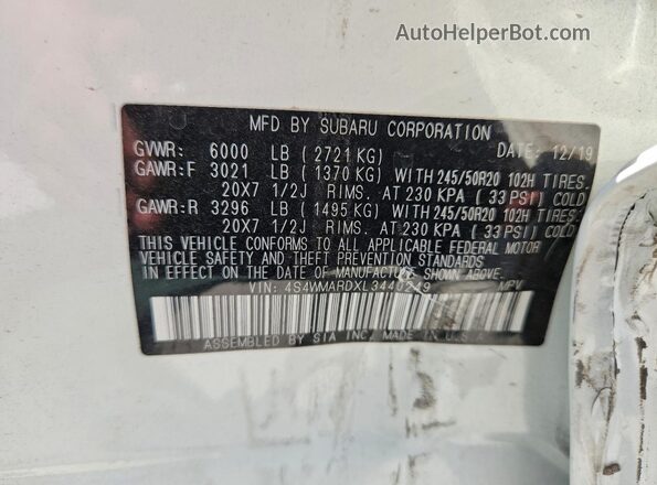 4S4WMARDXL3440249 2020 SUBARU ASCENT White Vista interior de 360 grados