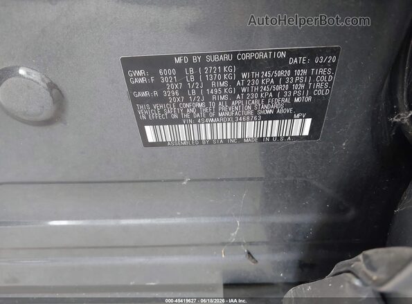 4S4WMARDXL3468763 2020 SUBARU ASCENT Gray Вид підкапотного простору