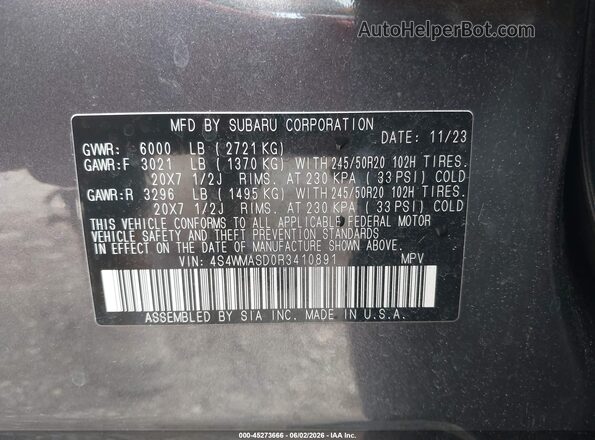 4S4WMASD0R3410891 2024 SUBARU ASCENT Gray Widok komory silnika