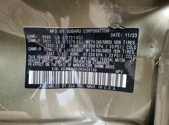 4S4WMASD2R3409130 2024 SUBARU ASCENT Green Vista de la etiqueta del VIN