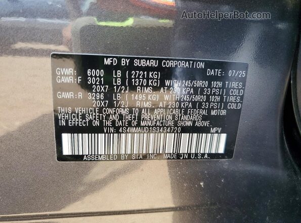 4S4WMAUD1S3434720 2025 SUBARU ASCENT Gray Vista de la etiqueta del VIN