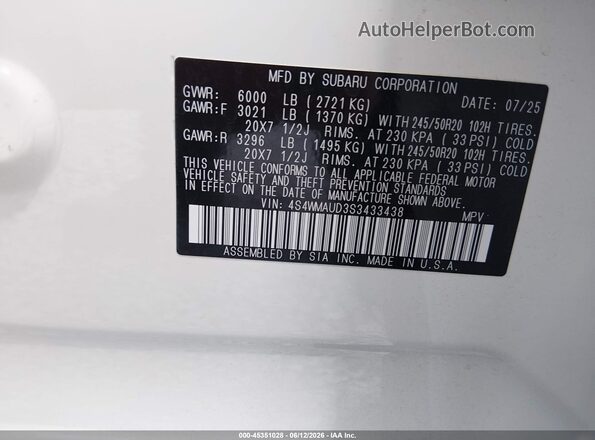4S4WMAUD3S3433438 2025 SUBARU ASCENT White Շարժիչի բաժամունքի տեսք