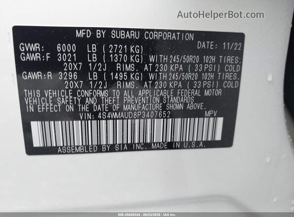 4S4WMAUD8P3407652 2023 SUBARU ASCENT White Vista del compartimento del motor