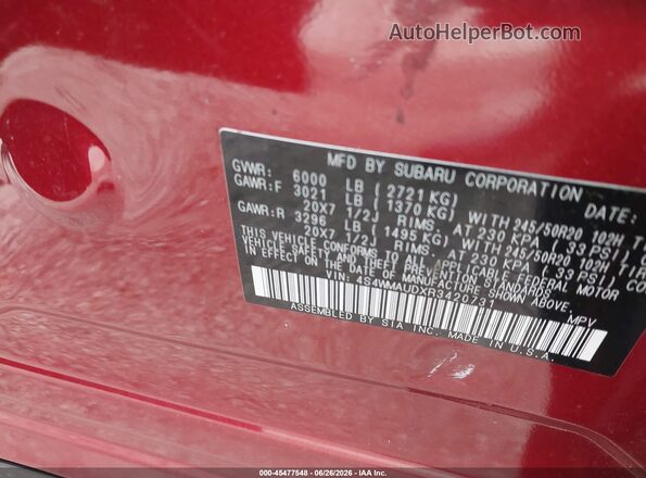 4S4WMAUDXR3420731 2024 SUBARU ASCENT Red Vista del compartimento del motor