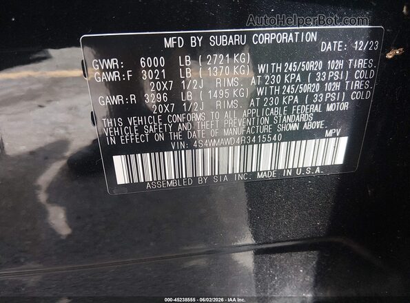 4S4WMAWD4R3415540 2024 SUBARU ASCENT Черный Вид подкапотного пространства