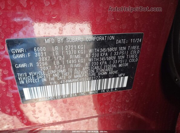4S4WMAWD4S3402177 2025 SUBARU ASCENT Red Engine compartment view