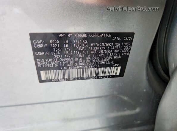 4S4WMAWD5R3430368 2024 SUBARU ASCENT Silver VIN sticker view