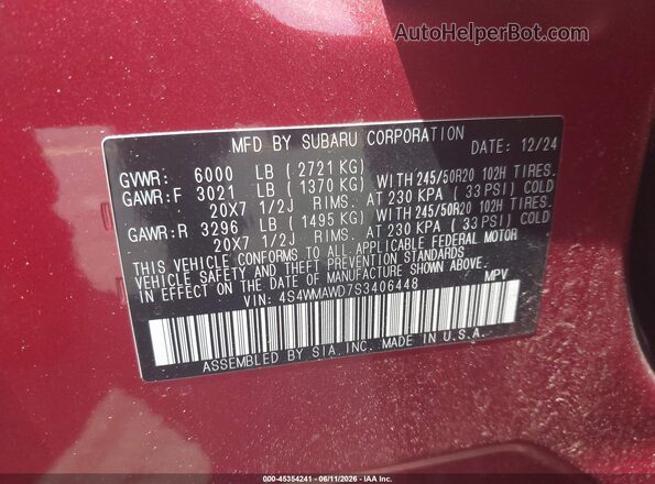 4S4WMAWD7S3406448 2025 SUBARU ASCENT Red Widok komory silnika