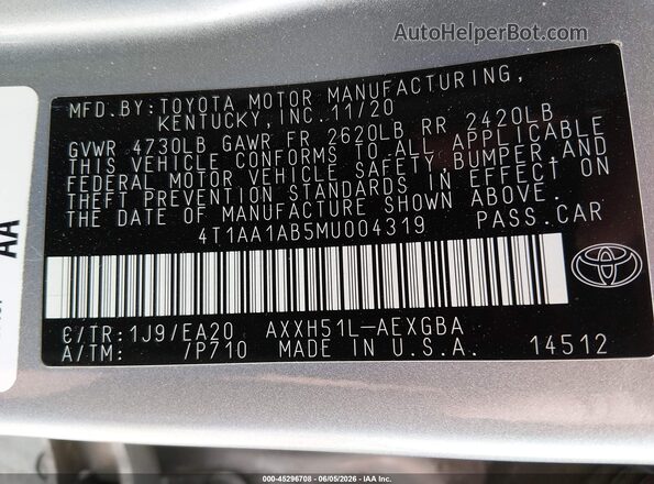 4T1AA1AB5MU004319 2021 TOYOTA AVALON Silver Vista del compartimento del motor