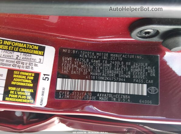 4T1B11HK2KU757944 2019 TOYOTA CAMRY Red Engine compartment view