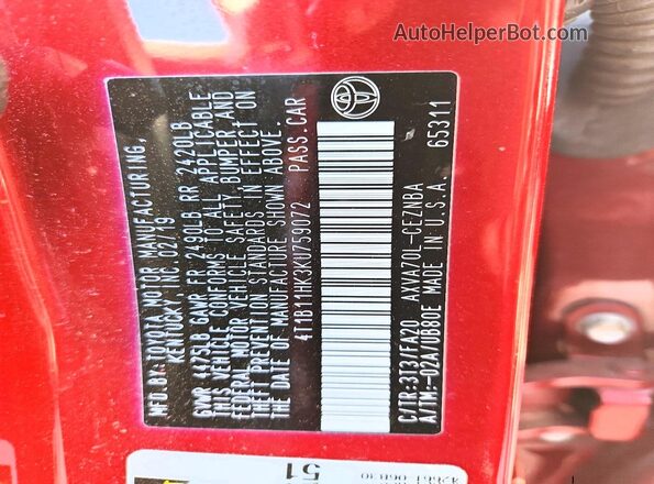 4T1B11HK3KU759072 2019 TOYOTA CAMRY Burgundy VIN sticker view