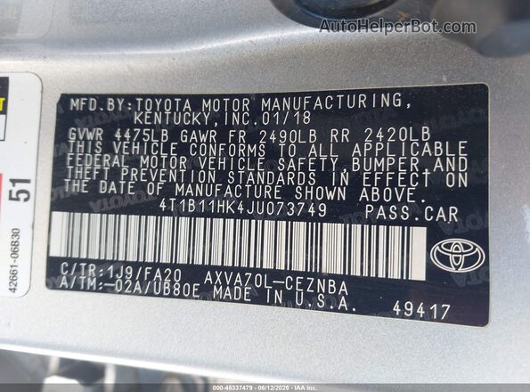 4T1B11HK4JU073749 2018 TOYOTA CAMRY Серебряный Вид подкапотного пространства