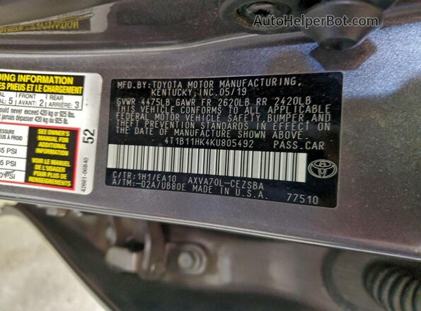 4T1B11HK4KU805492 2019 TOYOTA CAMRY Gray Widok komory silnika