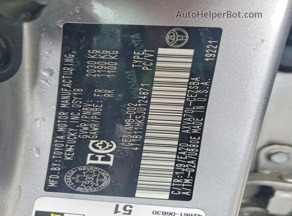 4T1B11HK5JU124871 2018 TOYOTA CAMRY Серебряный 