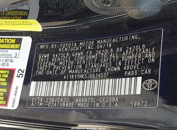 4T1B11HK5JU614517 2018 TOYOTA CAMRY Черный Вид подкапотного пространства