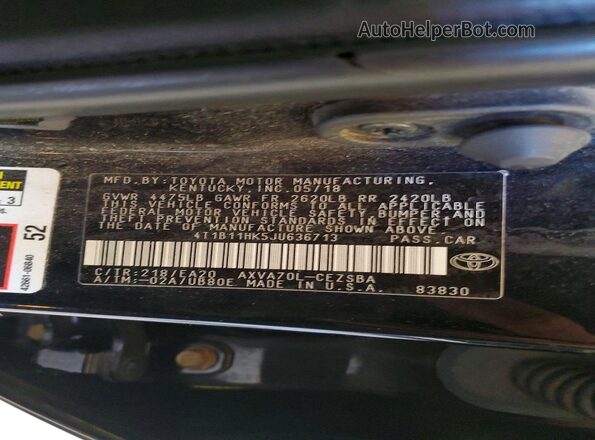 4T1B11HK5JU636713 2018 TOYOTA CAMRY Black Շարժիչի բաժամունքի տեսք