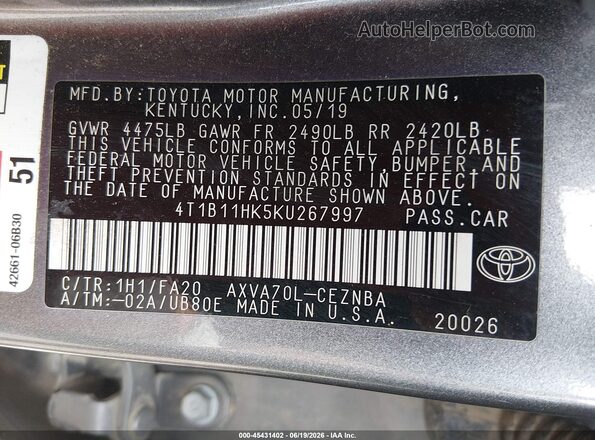 4T1B11HK5KU267997 2019 TOYOTA CAMRY Gray Շարժիչի բաժամունքի տեսք