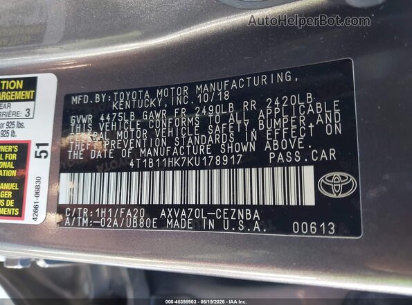 4T1B11HK7KU178917 2019 TOYOTA CAMRY Gray Engine compartment view