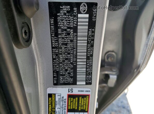 4T1B11HK8JU008970 2018 TOYOTA CAMRY Silver Вид підкапотного простору