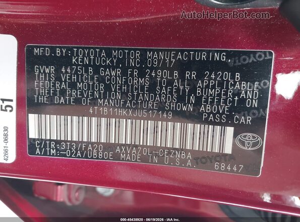 4T1B11HKXJU517149 2018 TOYOTA CAMRY Red Вид підкапотного простору