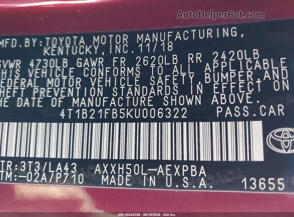 4T1B21FB5KU006322 2019 TOYOTA AVALON HYBRID Red Вид підкапотного простору