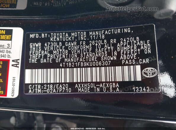 4T1B21FB9KU006307 2019 TOYOTA AVALON HYBRID Черный Вид подкапотного пространства