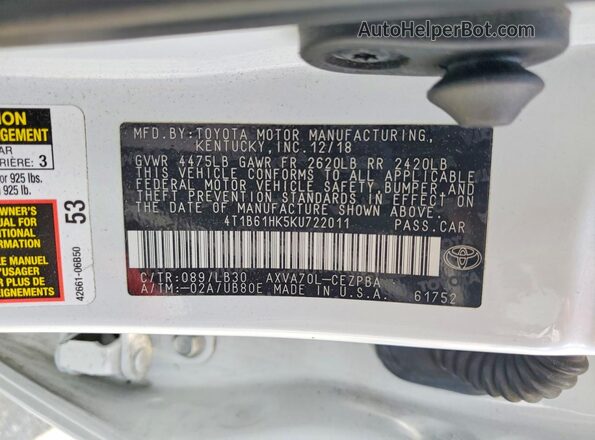 4T1B61HK5KU722011 2019 TOYOTA CAMRY White Vista del compartimento del motor