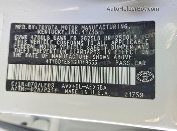 4T1BD1EB1GU049655 2016 TOYOTA AVALON White Widok komory silnika