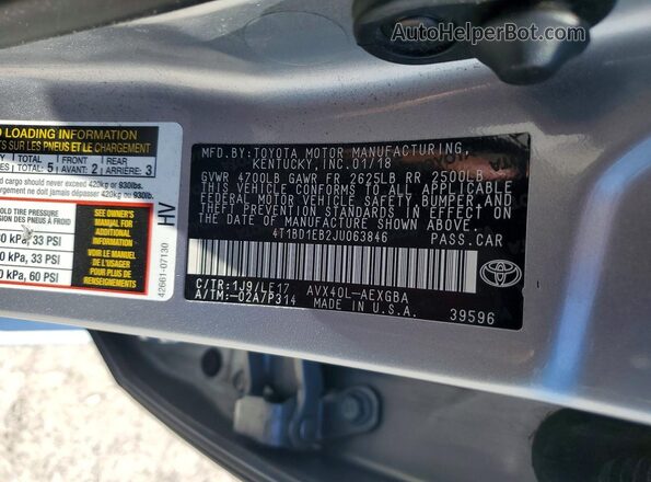 4T1BD1EB2JU063846 2018 TOYOTA AVALON Silver 